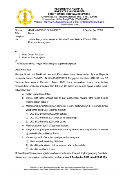 Jadwal Pengusulan Kenaikan Jabatan Dosen Periode I Tahun 2026 Rumpun Ilmu Agama 