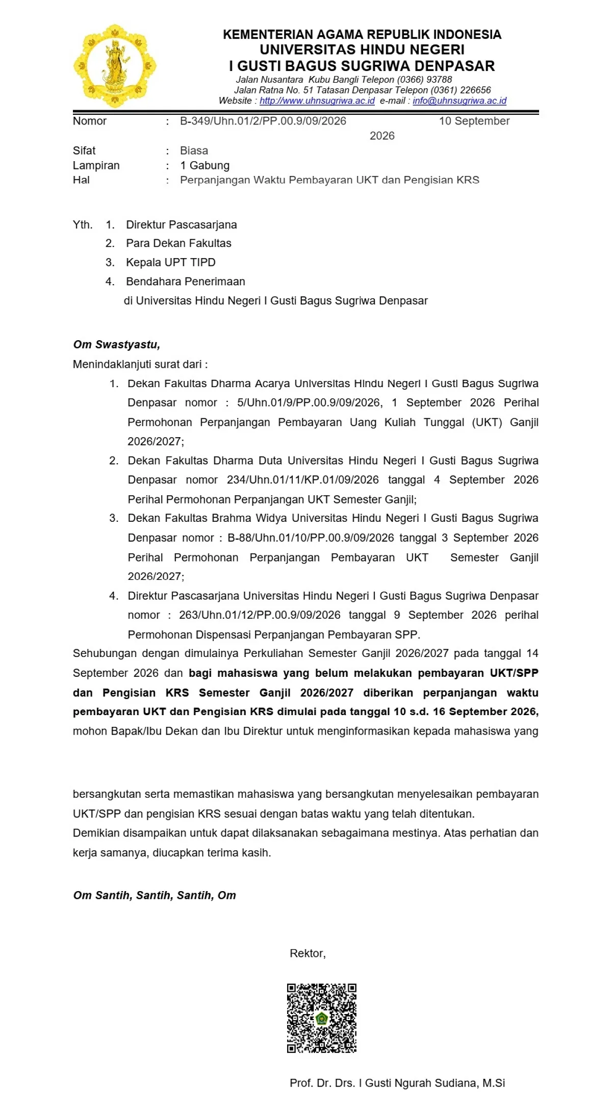 Perpanjangan Pembayaran Uang Kuliah Tunggal (UKT) Semester Ganjil 2026/2027